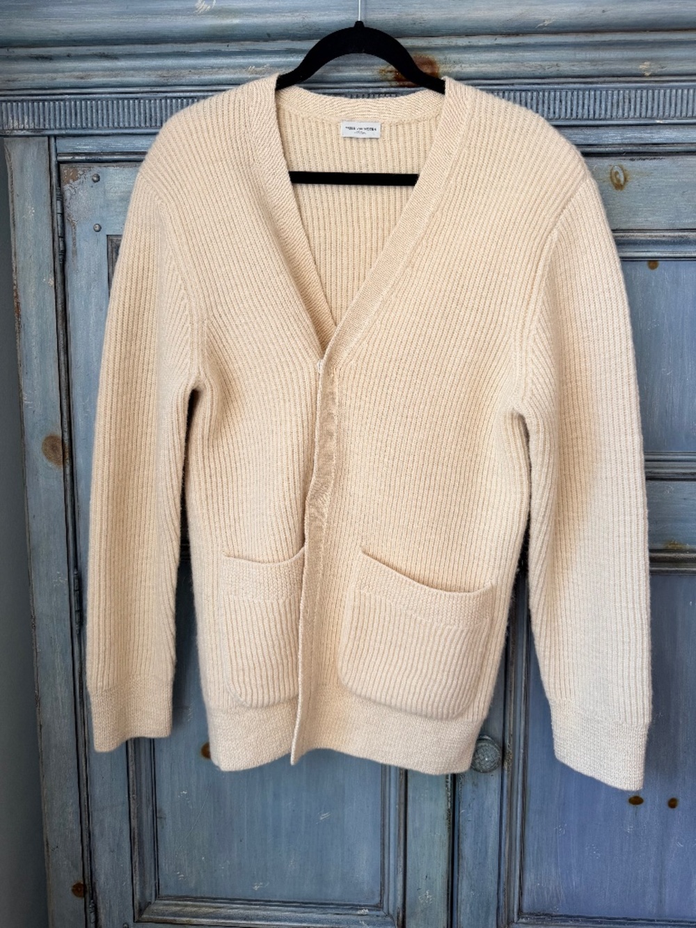 Dries Van Noten Men's Ivory V Neck Wool Cardigan with Pockets Size M